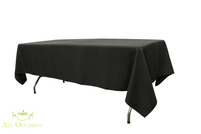 10 ft banquet table linen Black on a table, ideal for events and gatherings, providing a sleek and elegant look.