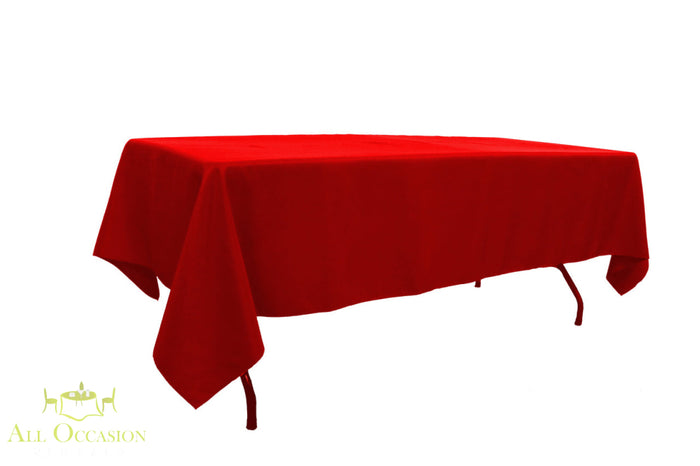 10 ft banquet table linen Red on a banquet table, perfect for events and celebrations.