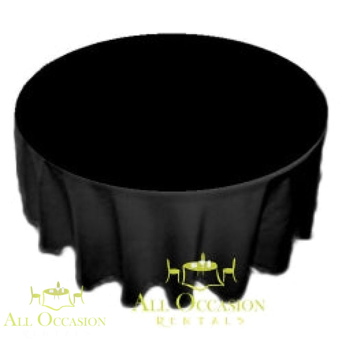 108 Black Polyester Round Tablecloth on a standard round table for elegant event setups