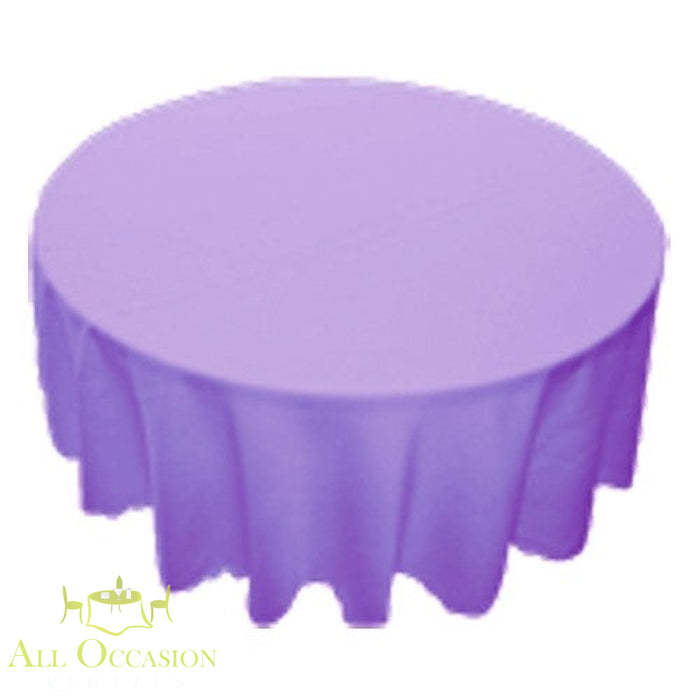 120 inch Round Polyester Tablecloth Lavender on a round table, ideal for weddings and events.