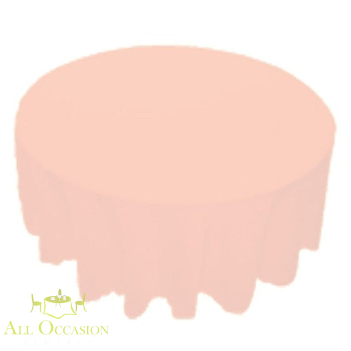 120 inch Round Polyester Tablecloth Pink on a round table, perfect for events like weddings and parties.