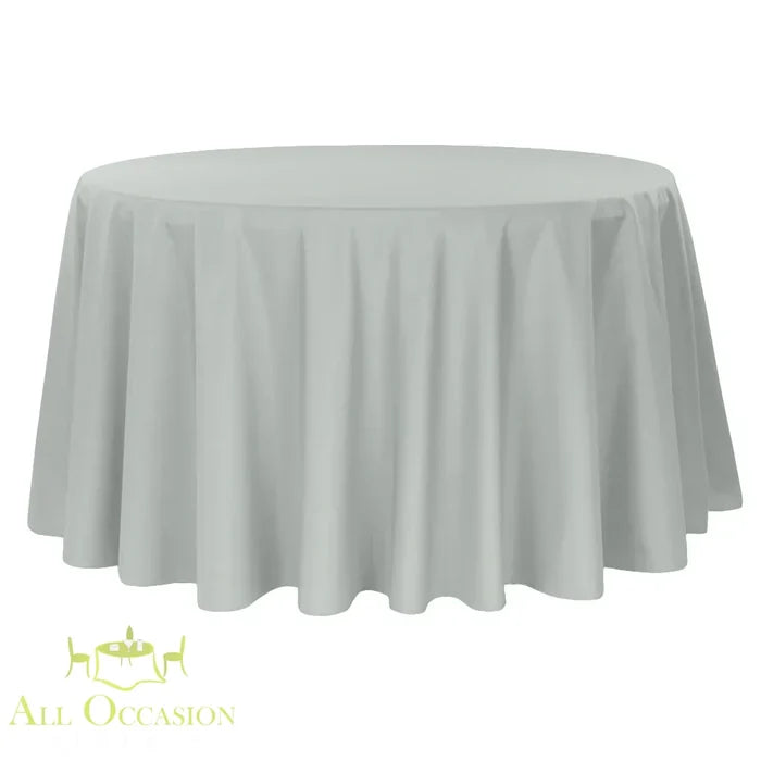 132 Inch Round Polyester Tablecloth Light Gray elegantly drapes over a large round table, ideal for any special event.