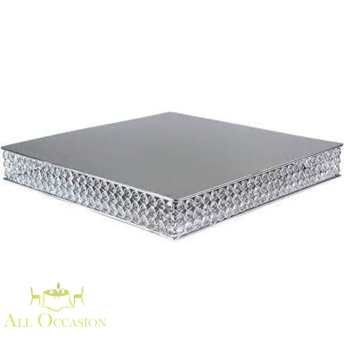 20" square crystal cake stand perfect for weddings and events, available through Corona event rentals.
