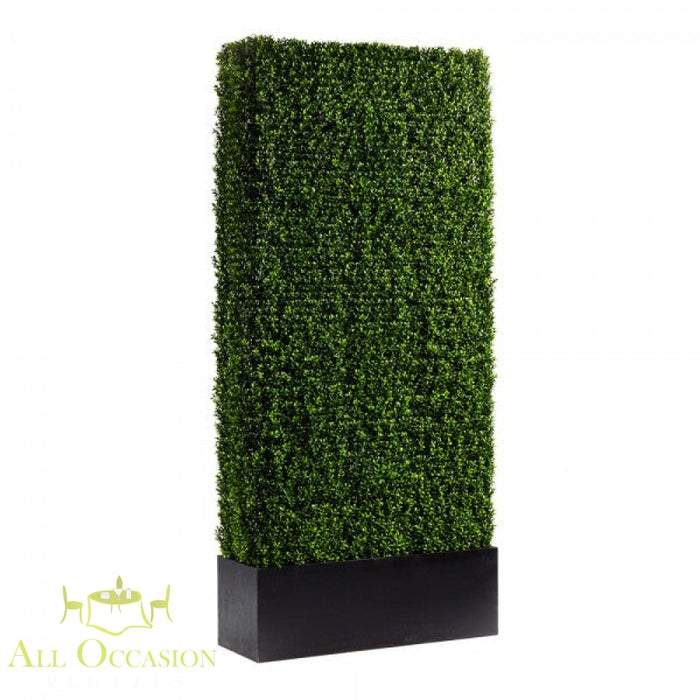 4 ft x 8 ft Boxwood Hedge Panel Rental for elegant events and celebrations, featuring realistic artificial foliage.