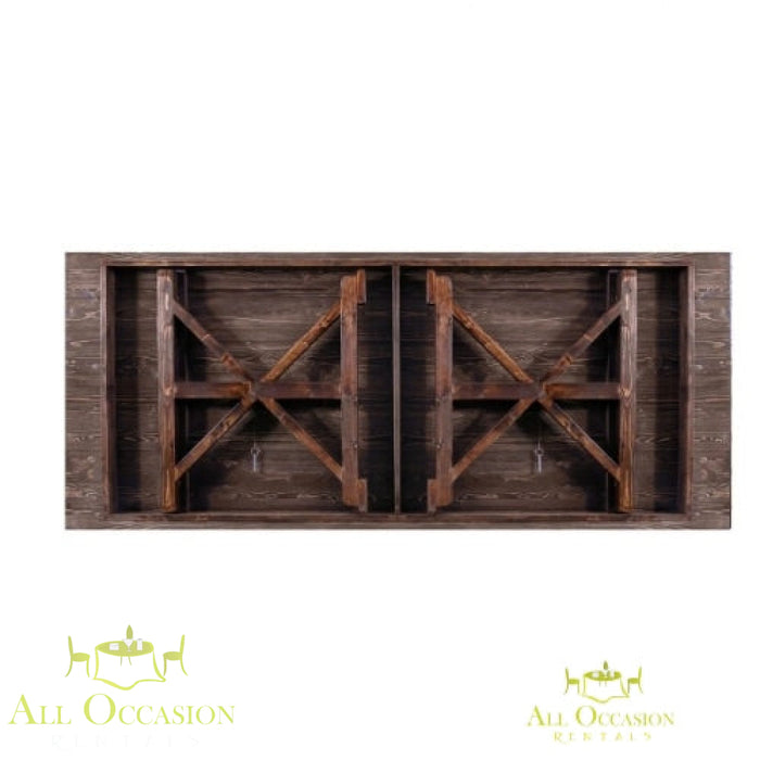 8' Farm Table X-Shape Leg with rustic wooden finish and sturdy X-shape farmhouse legs for event rentals.