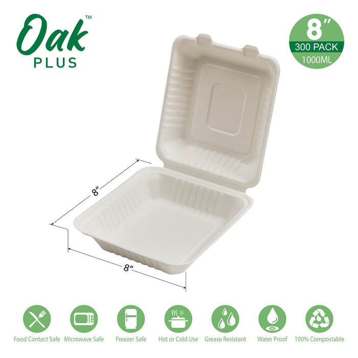 8 inch White Compostable & Disposable Sugarcane Clamshell Containers, 300 Pack