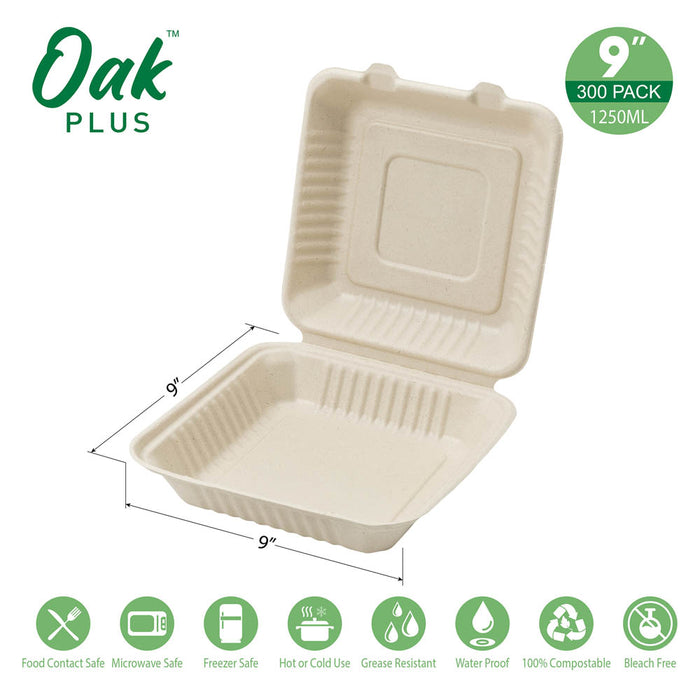 9 inch Natural Compostable & Disposable Sugarcane Clamshell Containers, 300 Pack