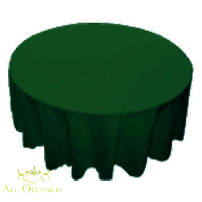 90 inch Round Polyester Tablecloth Hunter Green on a round table, ideal for events and celebrations.