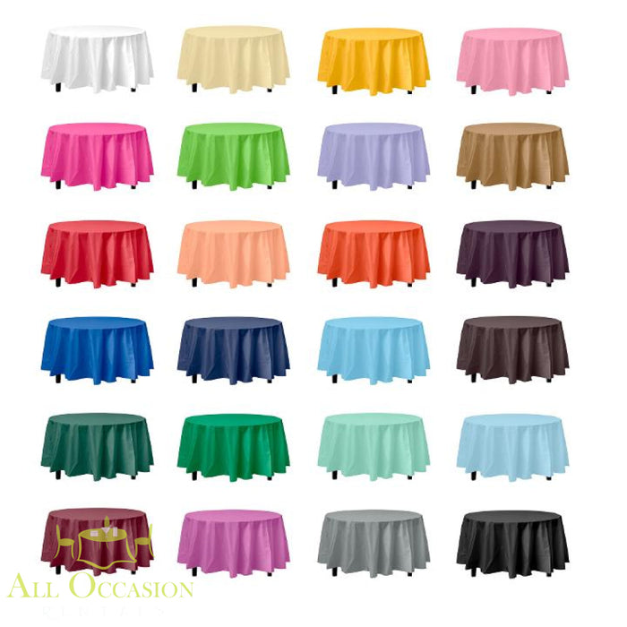 A variety of colorful 90" Round Polyester Tablecloths displayed for all occasions including weddings and events.