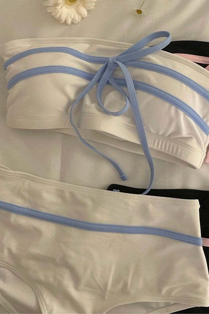 Bandeau Color Block Bow Sweet Bikini Set