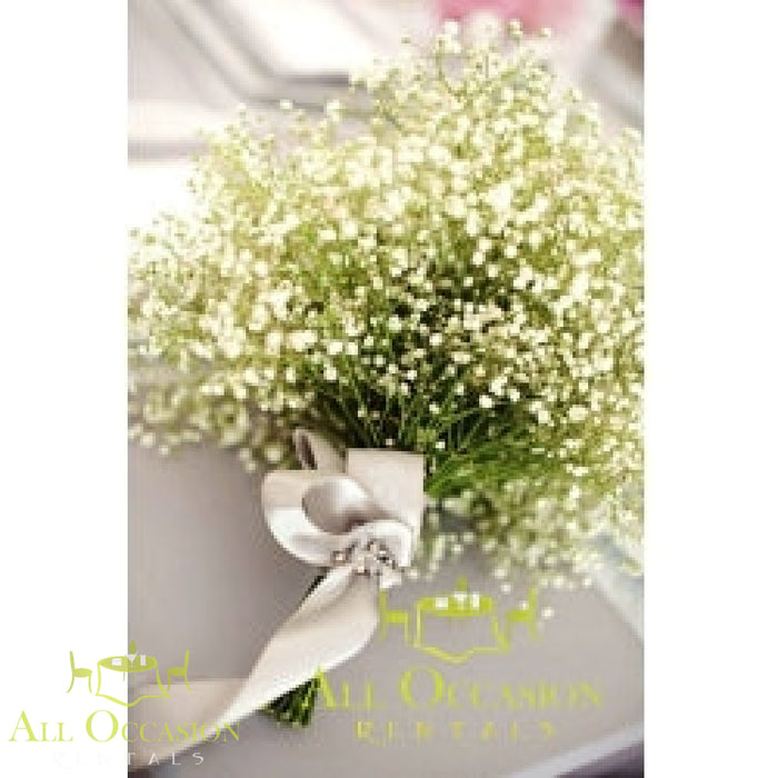 Bouquets Flowers arrangement with delicate white baby’s breath tied with a ribbon for elegant occasion rentals.
