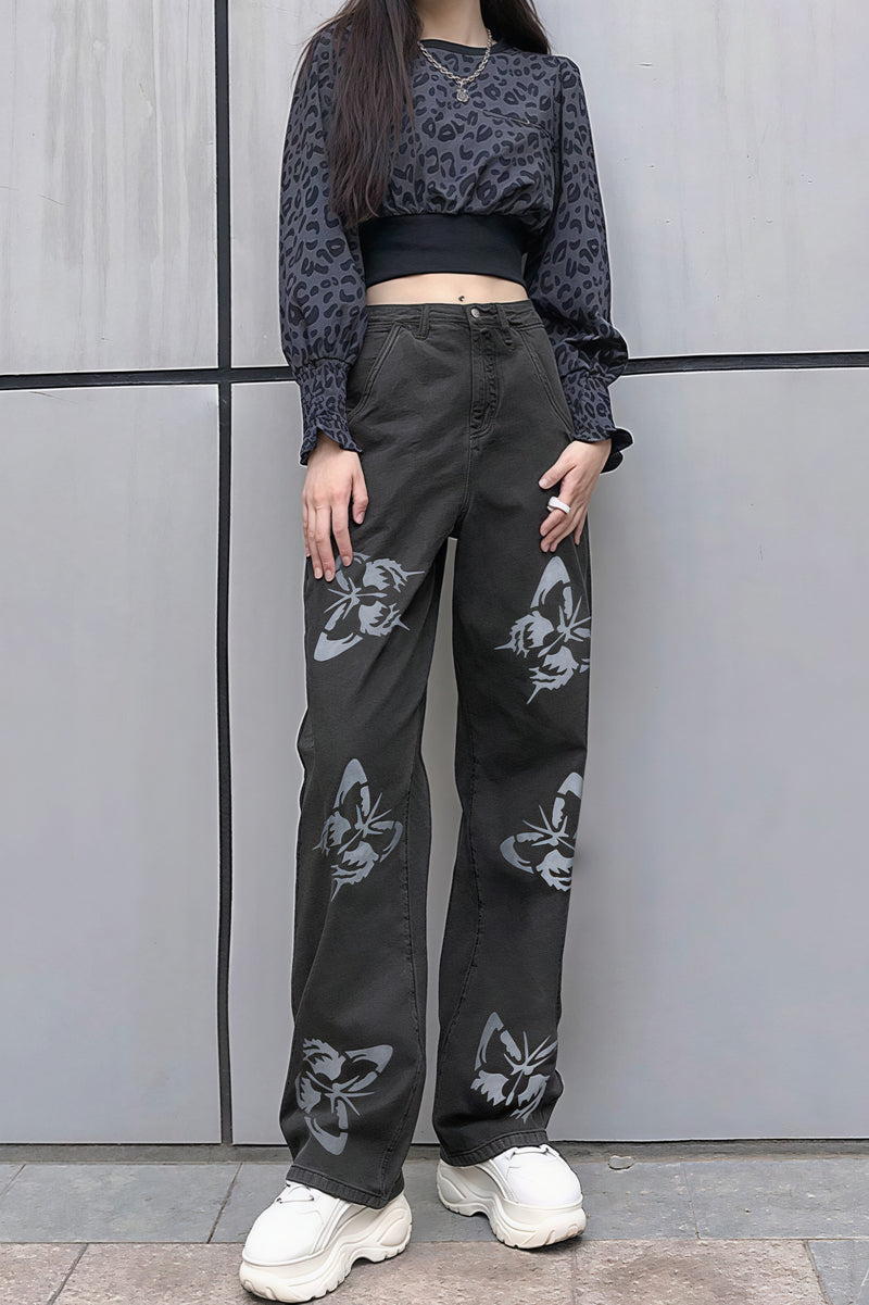 Butterfly Print Loose Straight Jeans