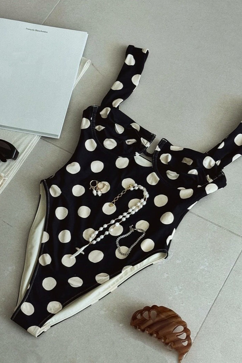 Chic Dot Print Halter Lace Up One Piece Swimwear