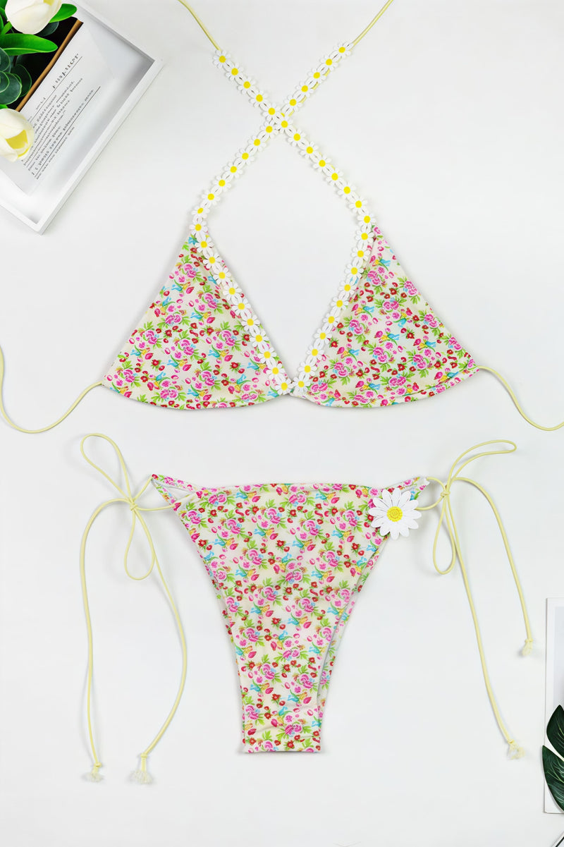 Chic Floral Print High Waist Lace Up Bikini Sets