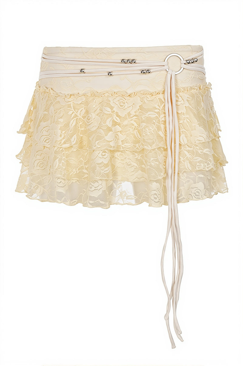 Chic Lace Drawstring Ruffle Tiered Mini Skirt