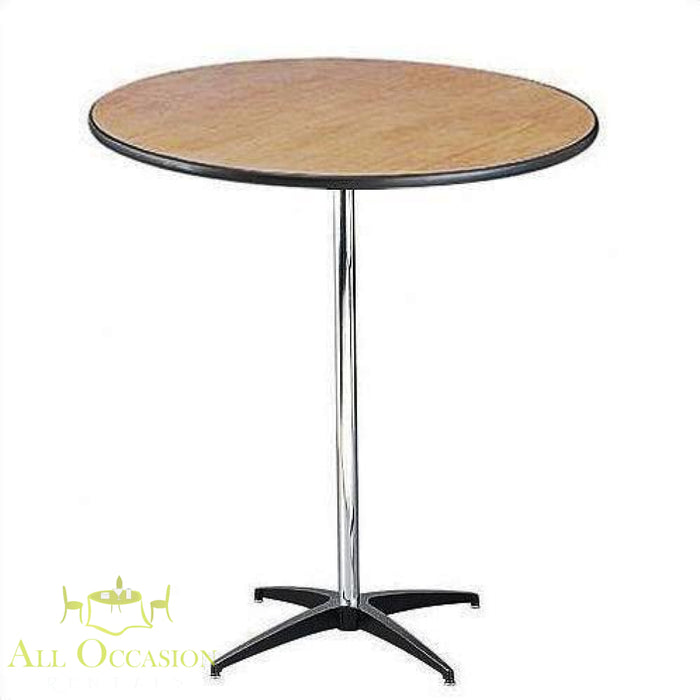 Cocktail Table Tall Boy 42 H x 36 W rental highboy table for events with a round wooden top and chrome base.