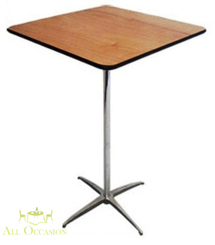 Cocktail Table Tall Boy 42 Height x 36 Wide Square with a wooden top and sleek chrome base.