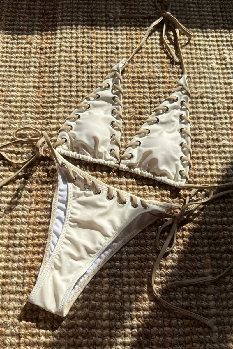 Color Block Eyelet Tie Bikini Set