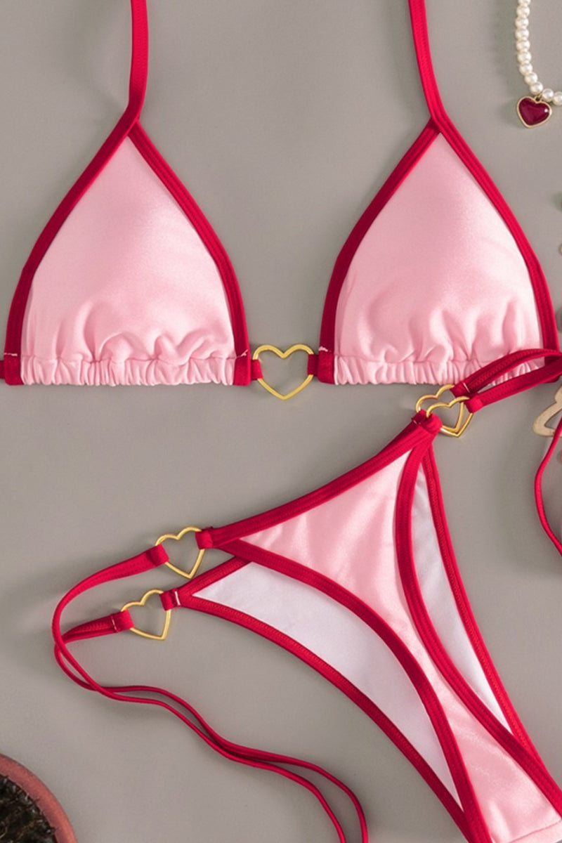 Colorblock Heart Tie Backless Bikini Set
