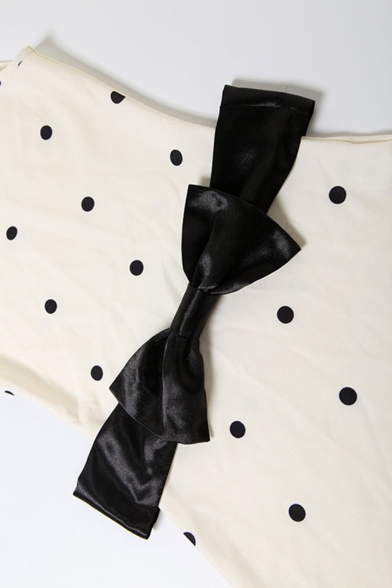 Crew Neck Waist Cinched Color Block Polka Dot Bow Mini Dress