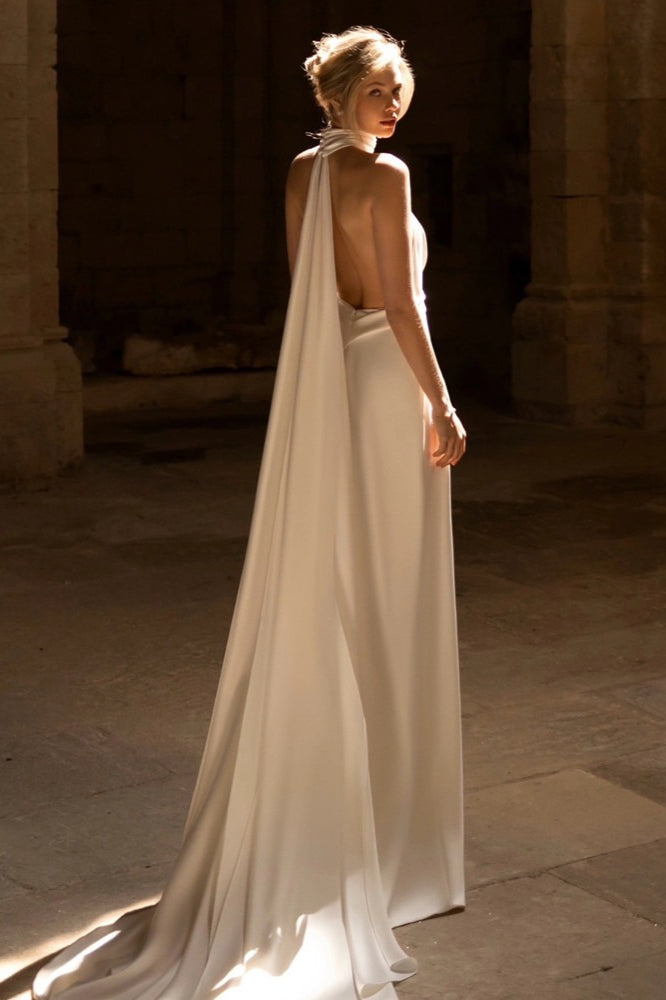 Deep V Halter Minimalist Train Reception Dress