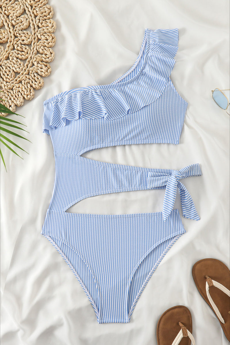 Elegant Ruffle Striped Cutout One Piece Swimwear
