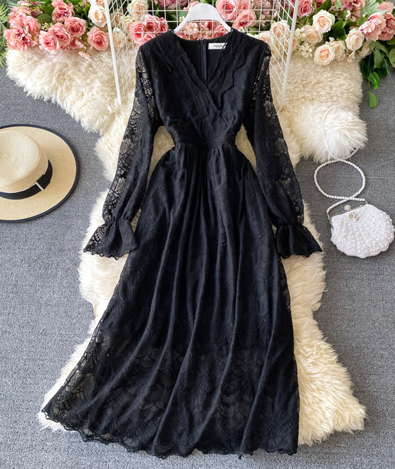 Elegant v neck lace long sleeve dress S09