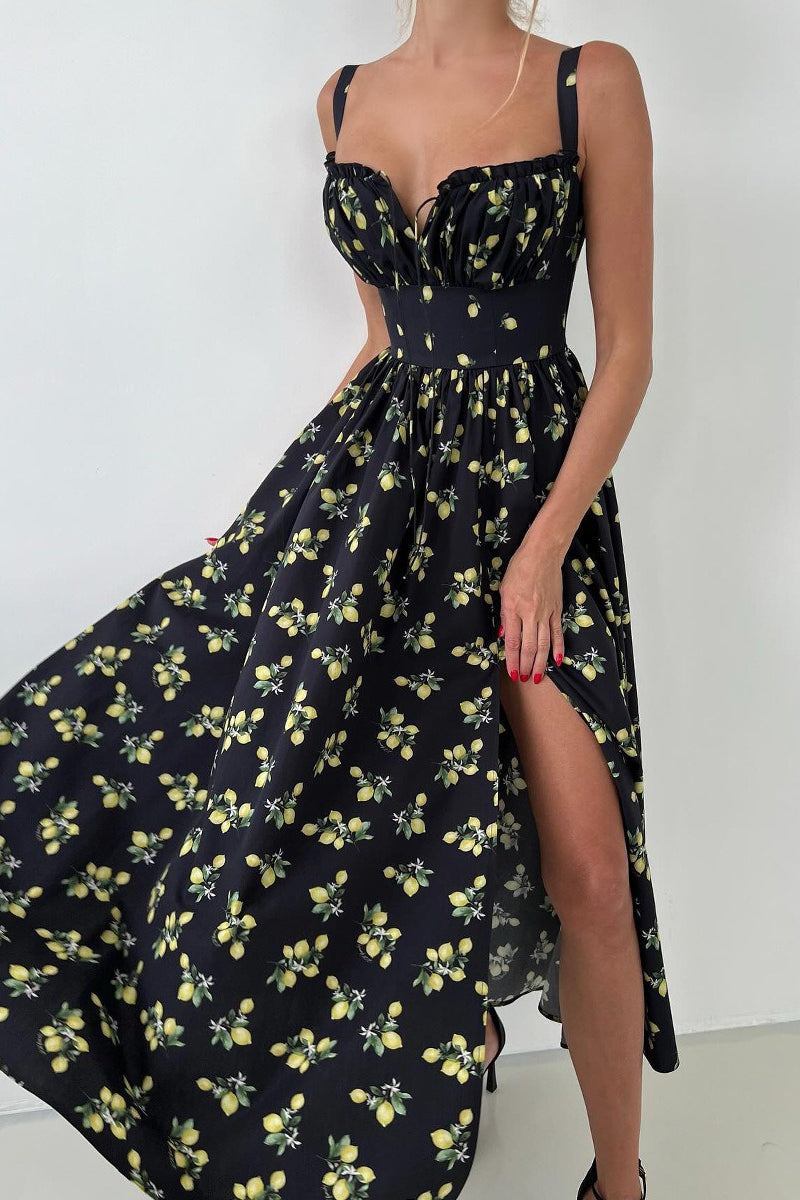 Floral Cami Tie High Waist Slit Midi Dress