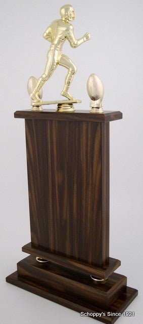 Back of large Football Perpetual Trophy by Schoppy's. The trophy features a Large Football Runner Figure and comes with decorative acorn trim.