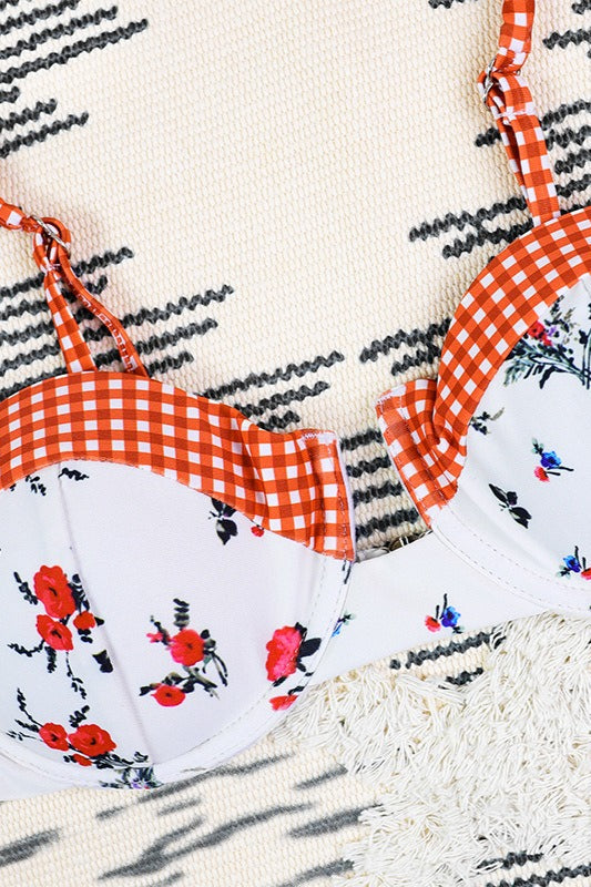 Fresh Floral Plaid Patchwork Bikini Set