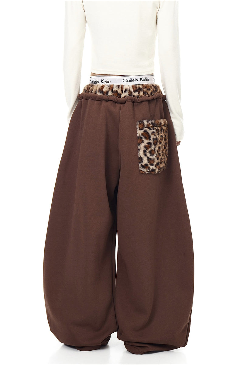 Fuzzy Leopard Patchwork Sweat Pants
