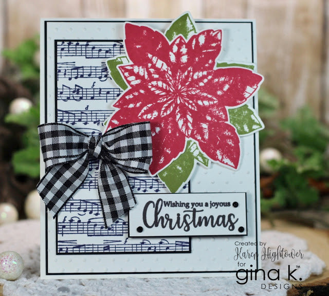 Gina K. designs - Background Stamp - Music Medley. Music Medley is a stamp set by Gina K Designs. This set is made of premium clear photopolymer and measures 6" X 6". Made in the USA. Available at Embellish Away located in Bowmanville Ontario Canada. Card Example by Karen Hightower.