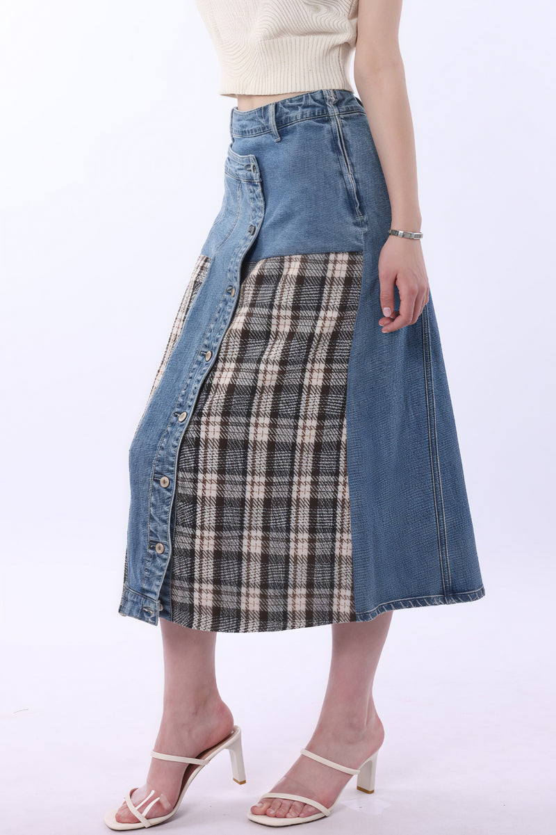 High Waist Denim Plaid Splice Skirt