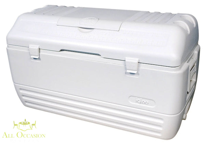 White 165-quart ice chest ideal for outdoor events, party rentals, and sports activities in Corona CA.