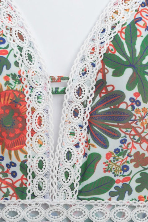 Lace Tie Floral Print One Piece Swimwear