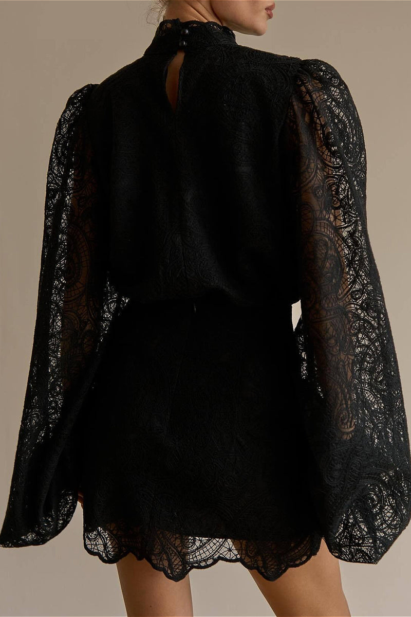Lantern Sleeve High Collar Lace Skirt Set
