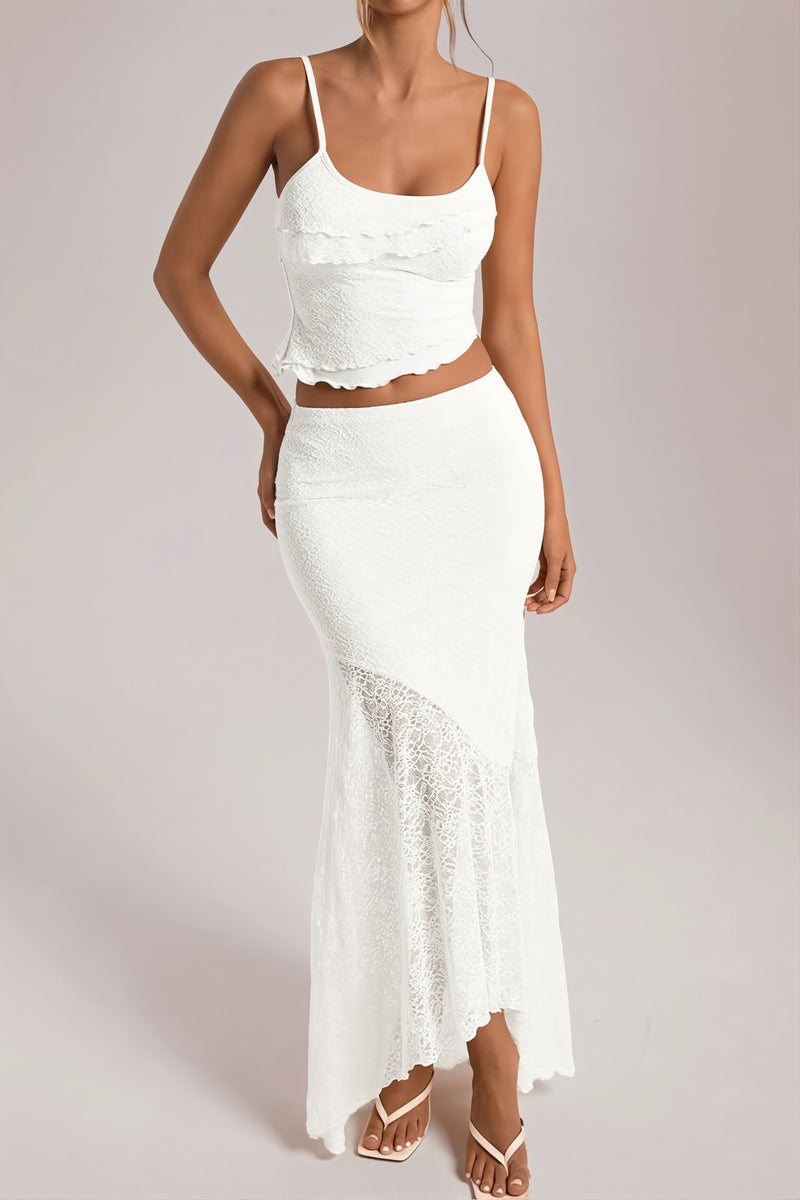 Light Yellow Lace Cami Ruffle Crop Top High Waist Skirt Sets