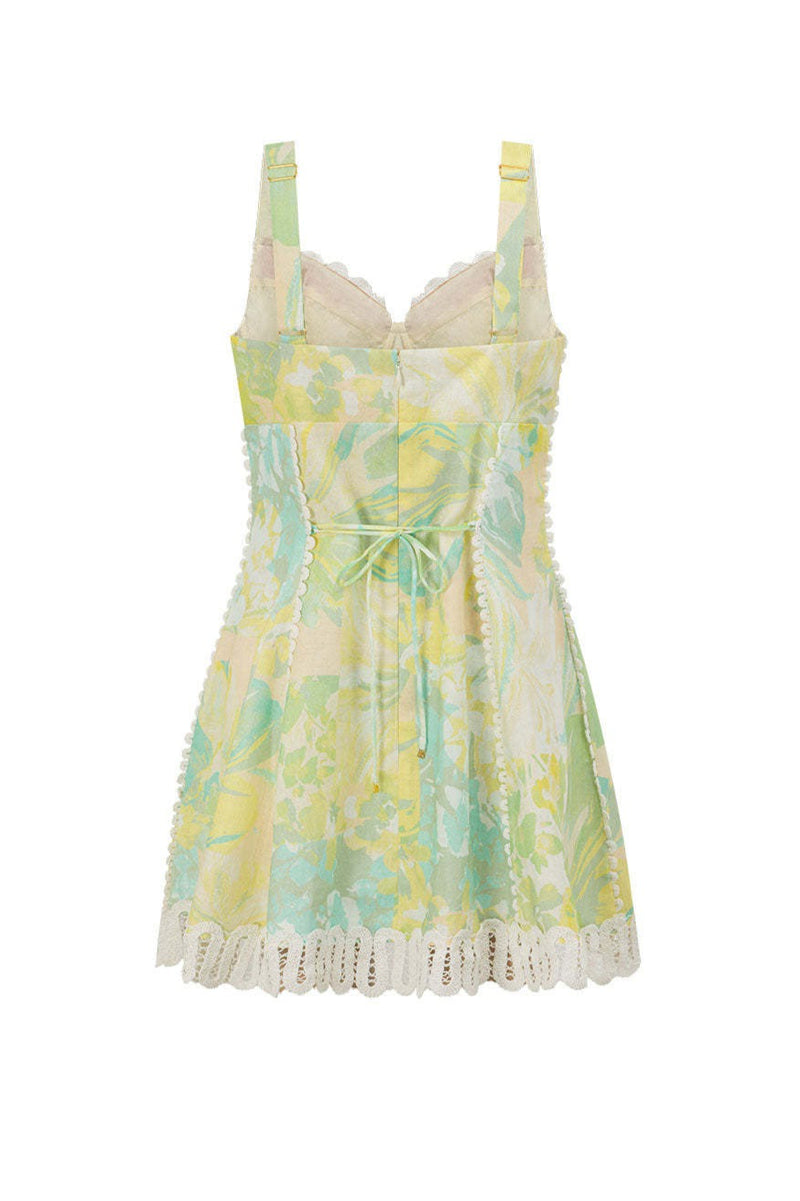 Linen Lace Trim Floral Mini Boho Dress