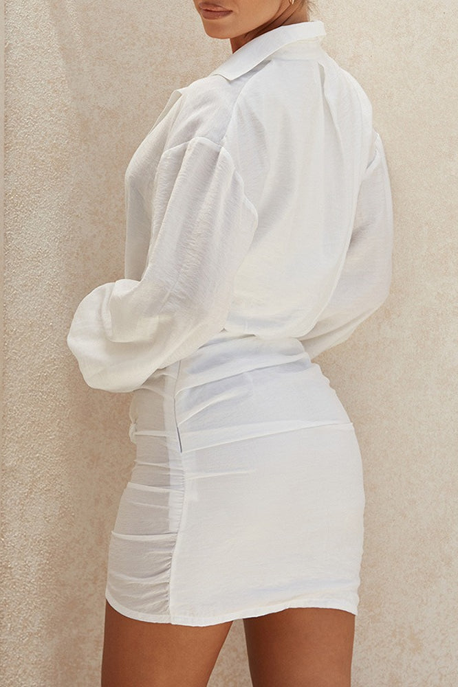 Long Sleeve Shirt Sexy Deep V Linen Mini Dress