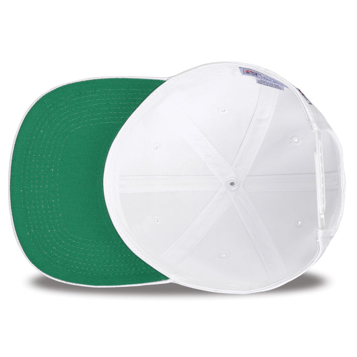Maryland Retro Circle snapback hat in white, interior view showing the green undervisor