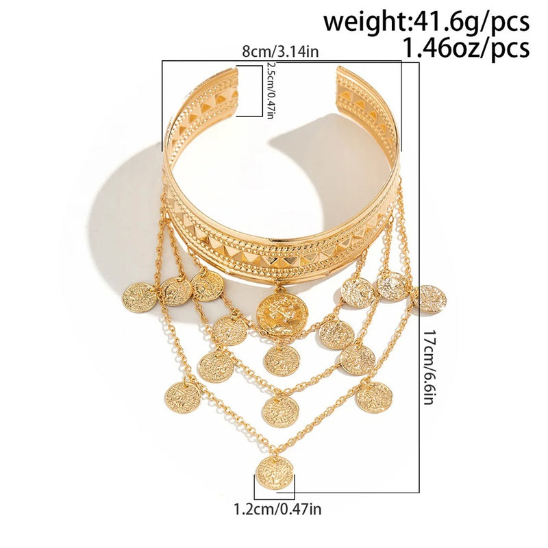 Metal Leaf Coin Tassel Open Bracelet