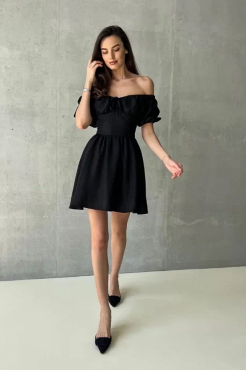 Off Shoulder Puff Sleeve Tie Mini Dress