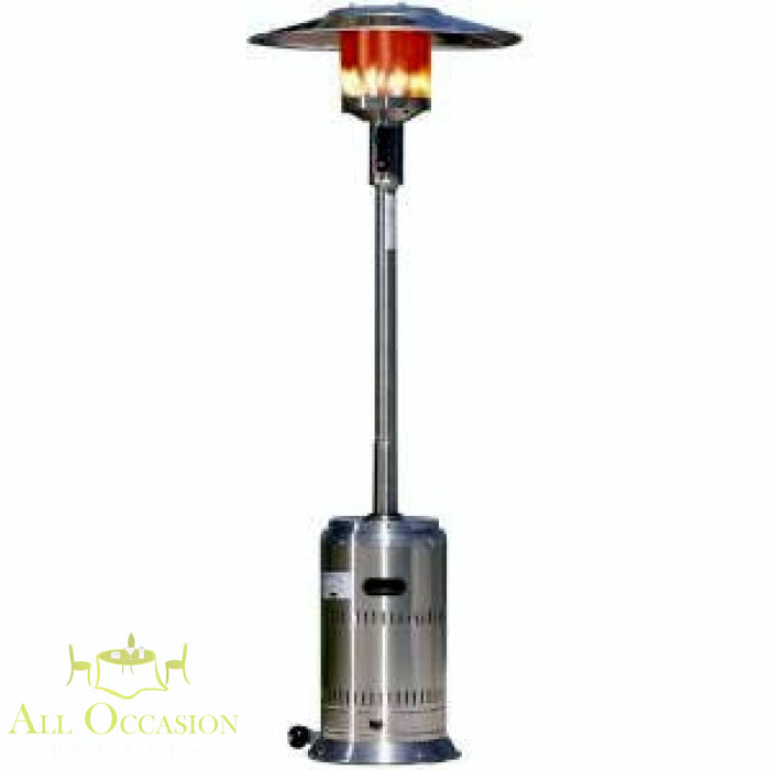 Party heater rental – 41,000 BTU stainless-steel patio heater for outdoor events.