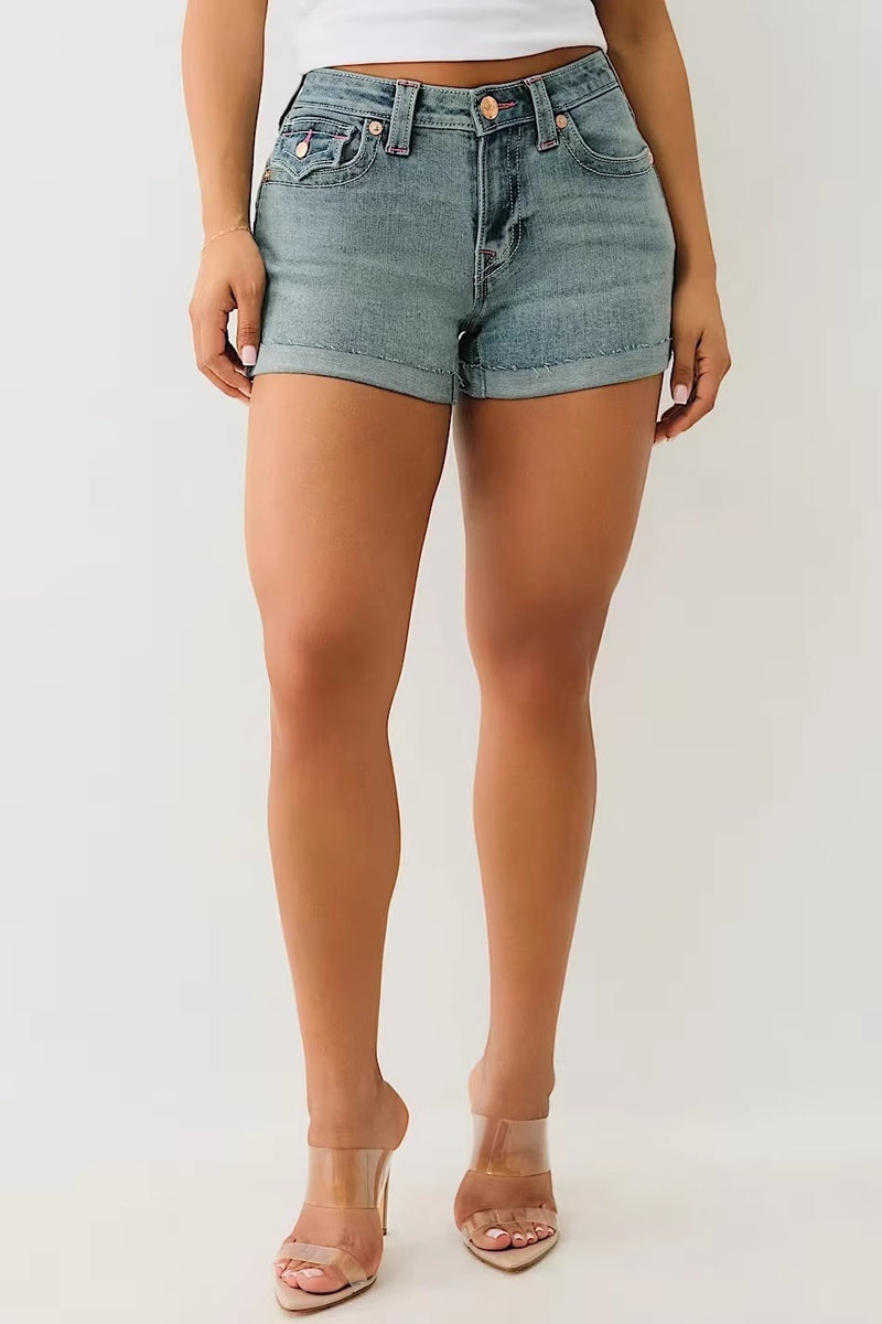 Pink Embroidered Low Rise Denim Shorts