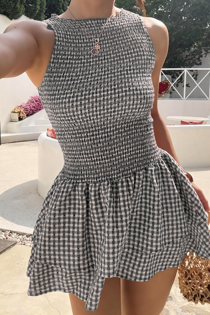 Plaid Smocked Sleeveless Flared Mini Dress