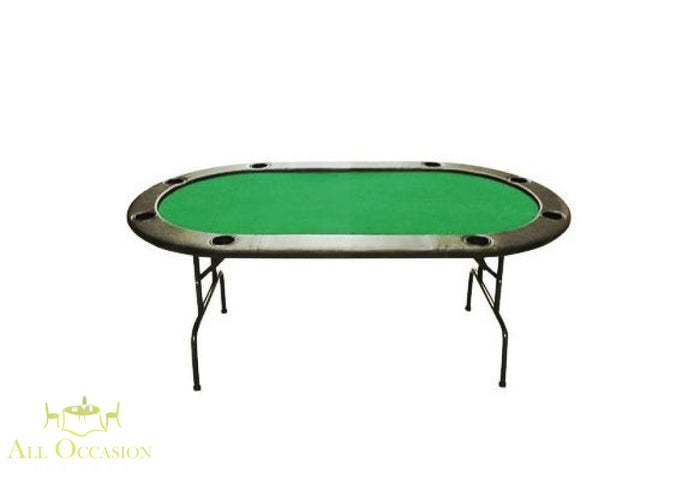 Full-size poker table with green felt for 8 players, perfect for casino party rentals in Corona.