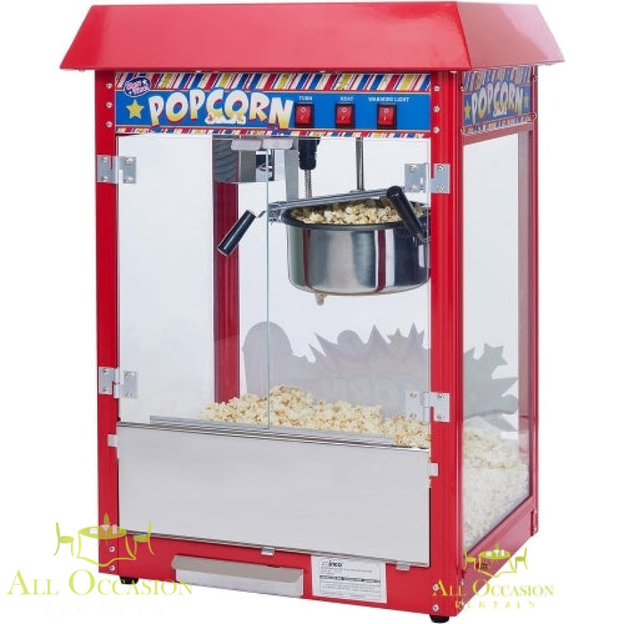 Popcorn Machine for rental, classic concession style, perfect for events like weddings and parties.
