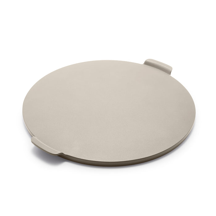 Round taupe ceramic pizza baker with handles, 16.5-inch size, single piece shown.