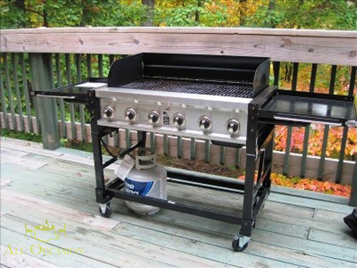 Propane Grill Rental 6 Burner Event Grill on a wooden deck, perfect for outdoor cooking and catering events.