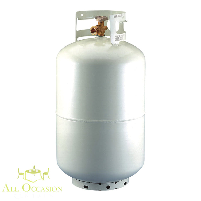 Propane Tank Rental 9 Gallon for Events, silver propane cylinder with valve and regulator.